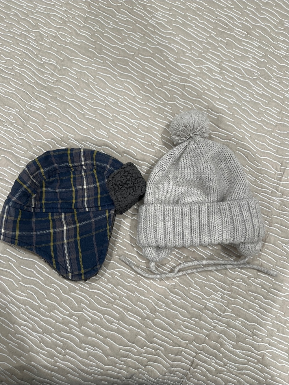 Kids winter Gray Knit fleece lined Pom Pom hat and plaid trapper hat